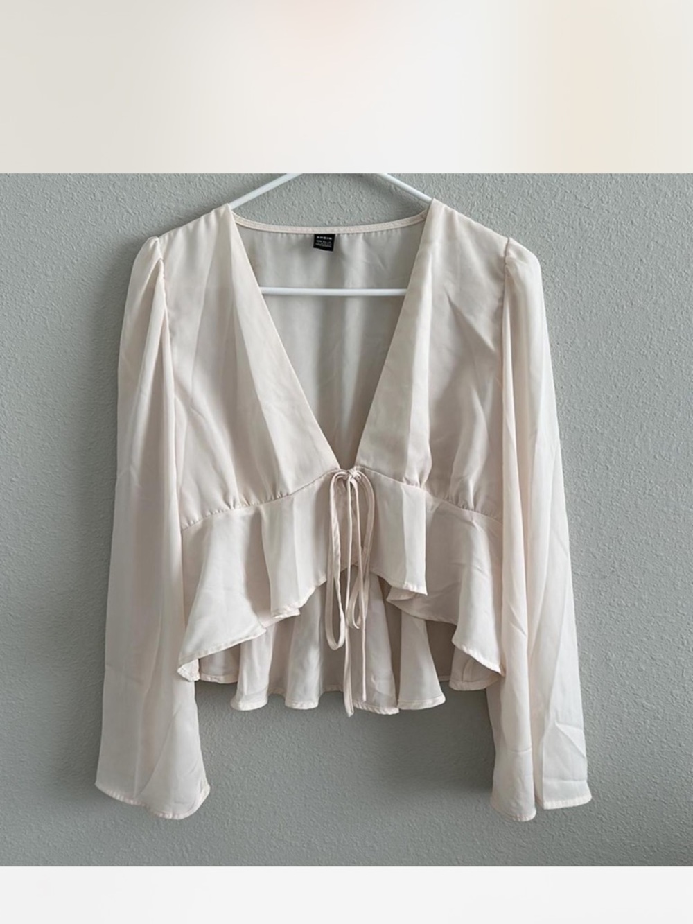 SHEIN Cream Tie-Front Ruffle V-Neck Blouse